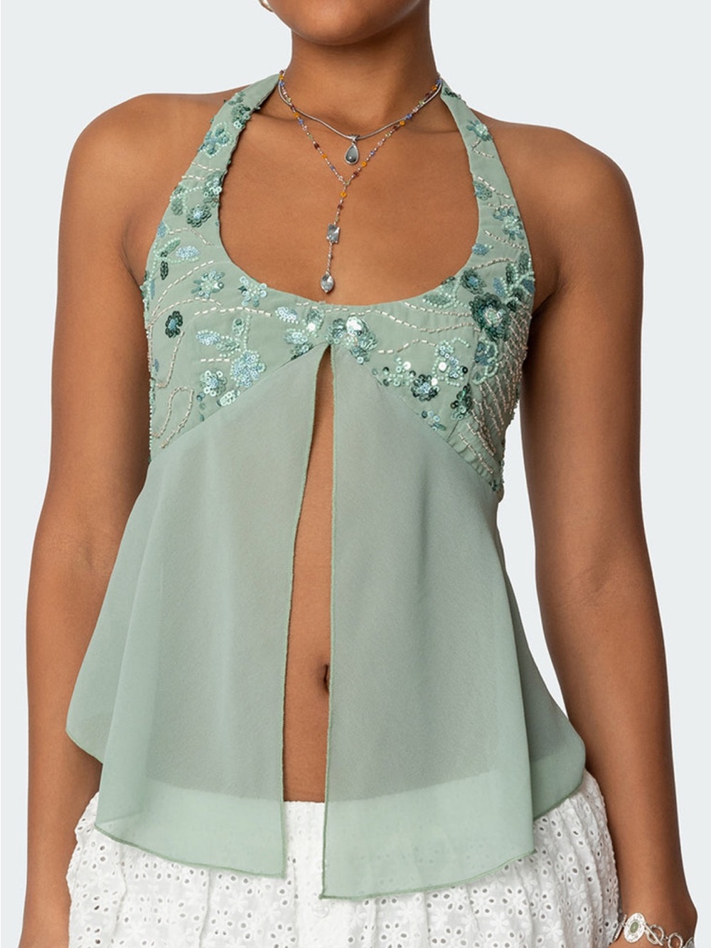 Edikted Sage Halter Top with Sequin Floral Appliqué